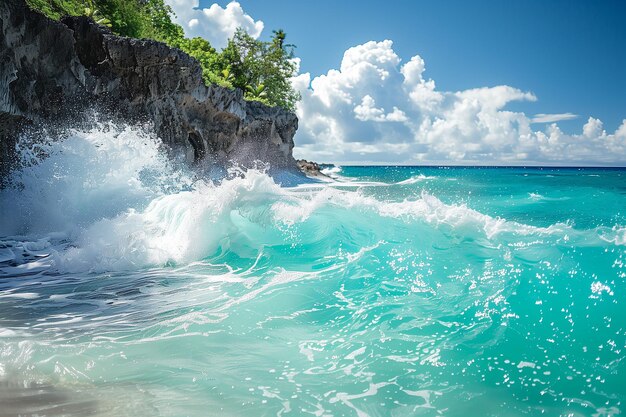 Foto las olas chocan contra la costa rocosa el agua de mar turquesa se golpea contra la costa tropical rocosa