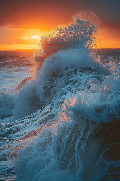 Foto las olas chocan contra la costa rocosa al amanecer