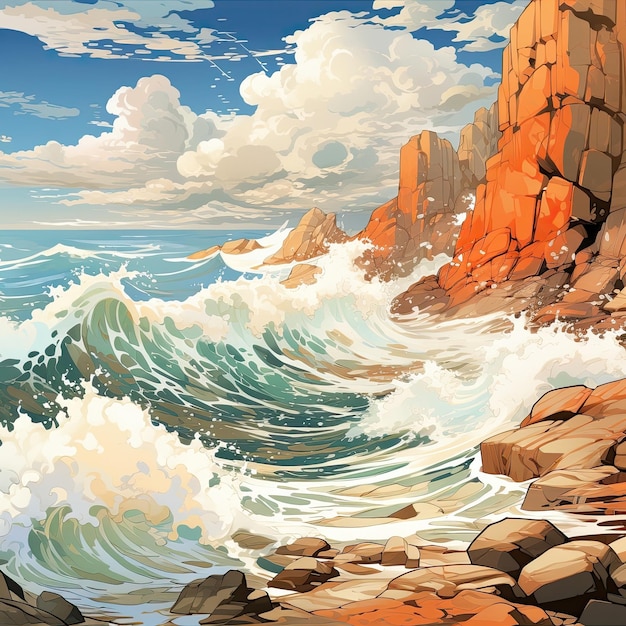 Las olas chocan contra las rocas en la orilla de una gran masa de agua Ilustración IA generativa