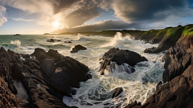 las olas chocando contra las rocas al atardecer