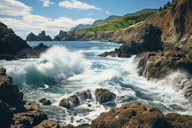 olas chocando contra las rocas de una orilla rocosa