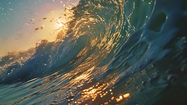 Las olas doradas de la puesta de sol brillando en el océano perfectas para fondos y papeles de pared naturaleza pintoresca serena tomada calma e inspiradora olas marinas de primer plano IA