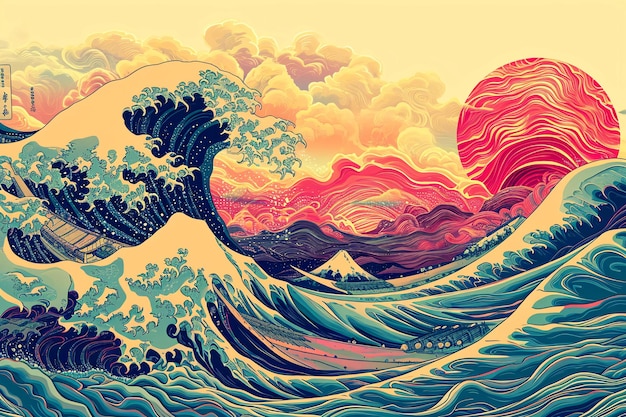 Foto las olas de estilo japonés y el mar estilo vintage ilustraciones de olas del océano
