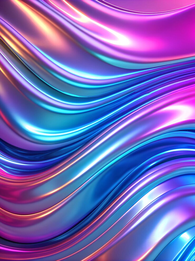 Las olas fluyentes de colores de neón iridescente rosas azules y púrpuras en cascada a través del fondo