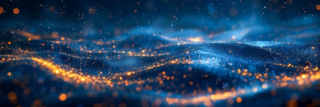Olas mágicas azules brillantes con partículas relucientes