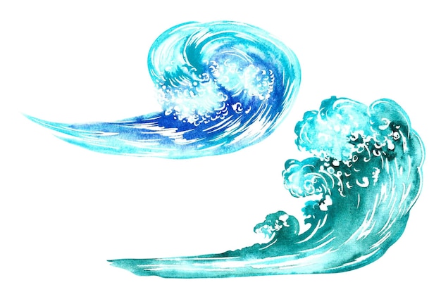 Las olas del mar azul turquesa colores aislados Una ilustración de acuarela dibujada a mano