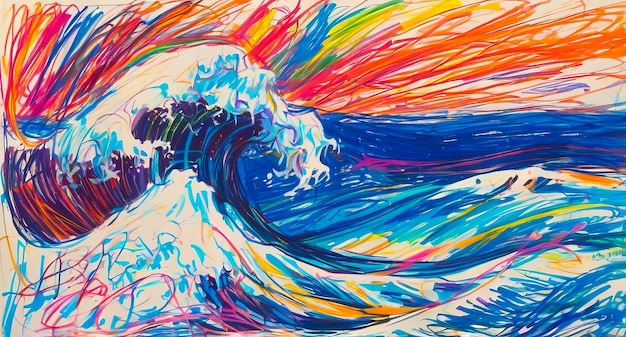 Las olas en el mar en el estilo caótico del dibujo con lápiz de cera
