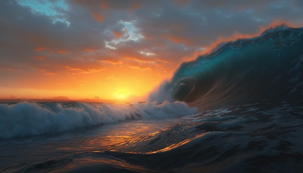 Olas del mar y puesta de solIA generativa