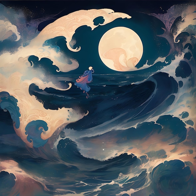 Foto las olas nocturnas con la gran luna estilo victo ngai