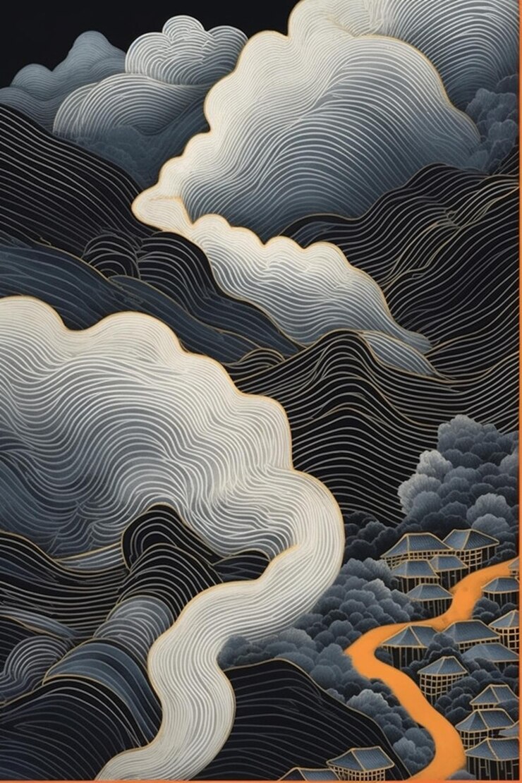 Olas y nubes en una representación 3D de fondo negro