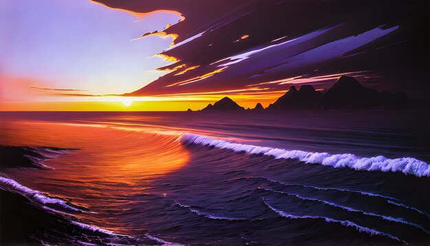 Olas del océano horizonte puesta de sol lienzo pintura arte de la pared olas poderosas estilo anime ai generativo para wal