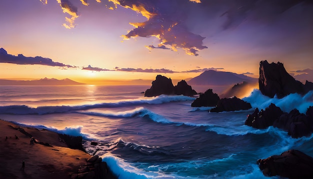 Foto olas del océano horizonte puesta de sol lienzo pintura arte de la pared olas poderosas estilo anime generativo ai