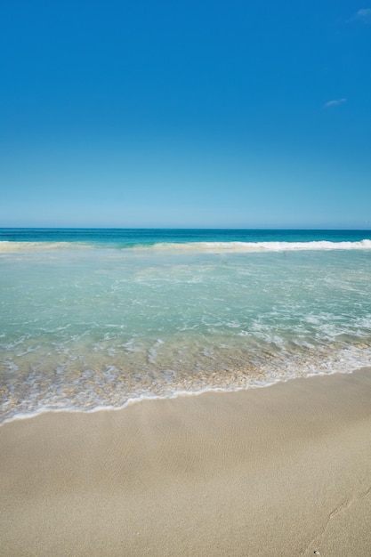 Las olas del océano se lavan en una playa vacía en un complejo tropical con un cielo azul claro y un espacio de copia Un paisaje tranquilo y pacífico para disfrutar en verano de unas vacaciones relajantes en el extranjero o de vacaciones en el extranjero