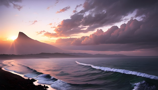 Olas océano puesta de sol junto a la orilla bonitos paisajes costeros fondos de pantalla digitales ai generativo para publicación de instagram banners de sitios web de facebook volantes