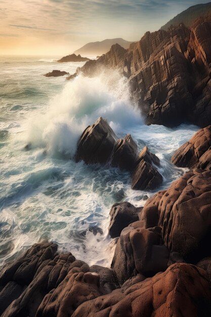 Olas del océano rompiendo en una costa rocosa creada con IA generativa