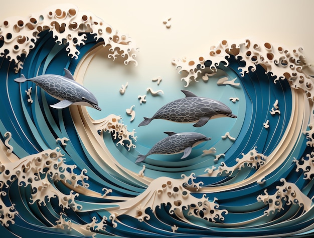 Olas de papel Delicada ilustración de delfines saltando de una ola