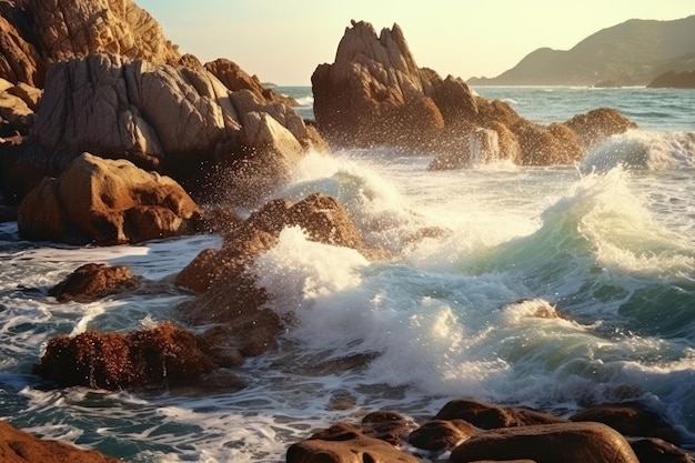 Olas de primer plano rompiendo contra las rocas en la orilla