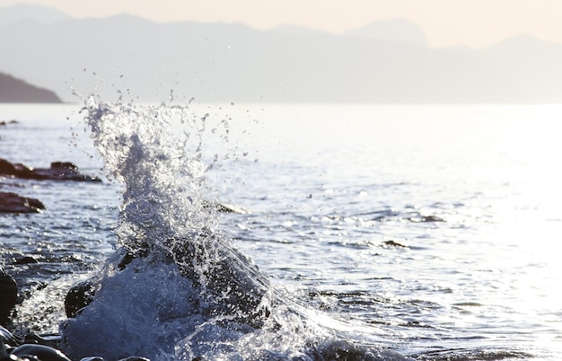 Olas rompiendo en el Mar Negro en la costa rocosa de Bzhny de la península de Crimea en un día soleado Naturaleza pura y maravillosa del territorio de Crimea Ucrania ocupado por la Federación Rusa