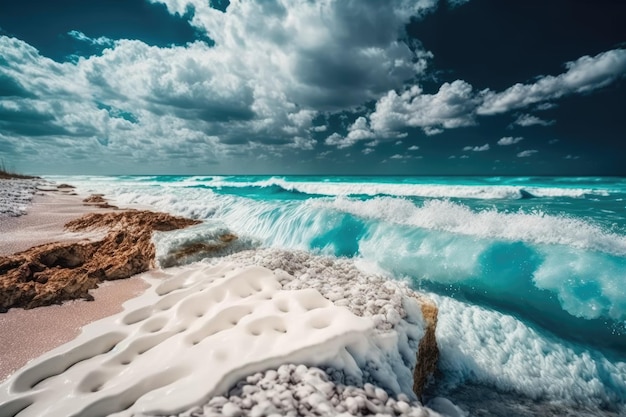 Olas rompiendo en la orilla Impresionante playa de Florida con nubes blancas contra un cielo azul