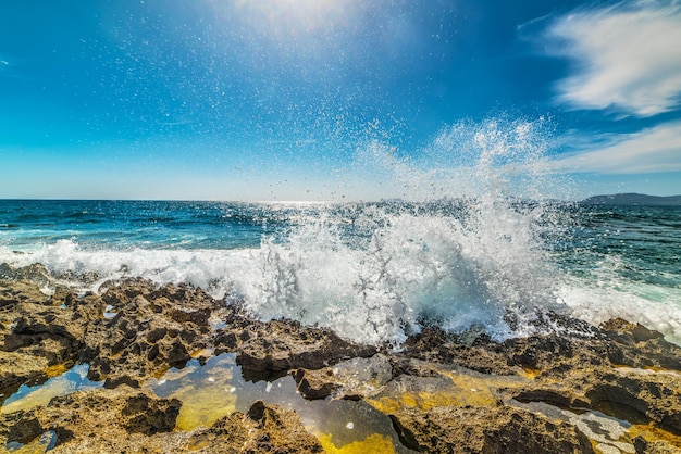 Olas rompiendo en una orilla rocosa