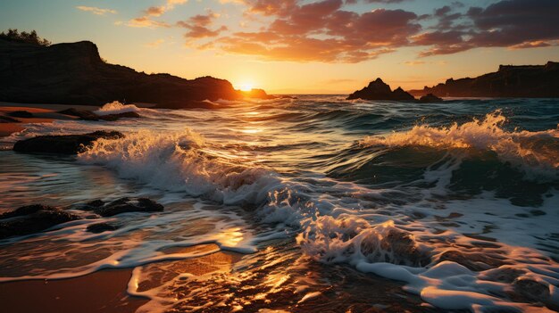 Olas rompiendo en una playa al atardecer IA generativa