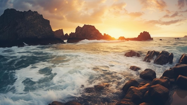 olas rompiendo en las rocas al atardecer