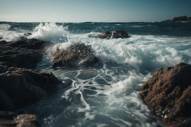 Olas rompiendo en las rocas del océano con un cielo azul de fondo.