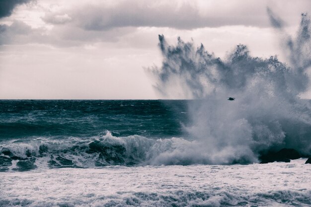 Foto las olas salpicando el mar contra el cielo