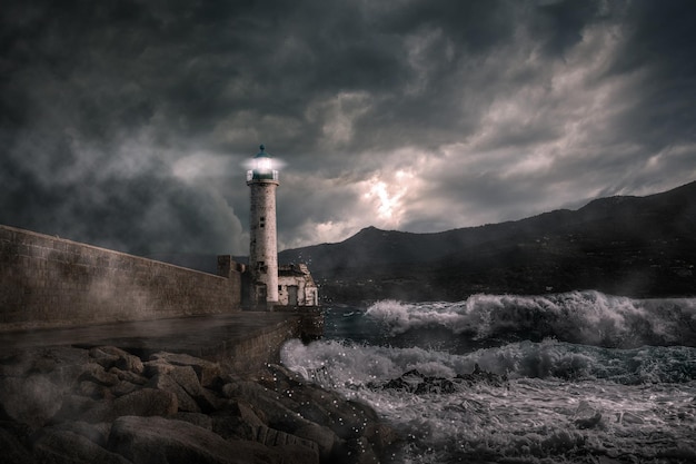 Las olas salpicando en el mar por el faro contra el cielo al anochecer