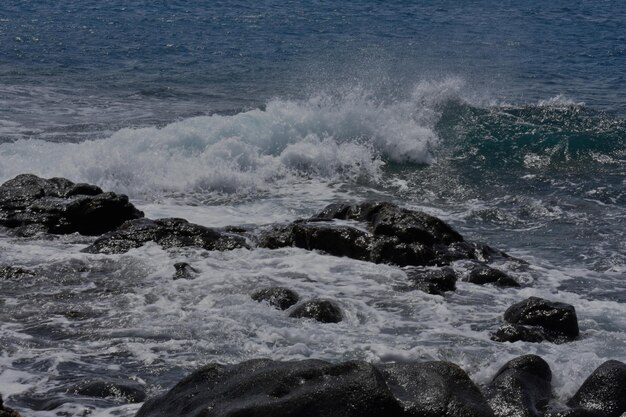 Foto las olas salpicando las rocas en la orilla