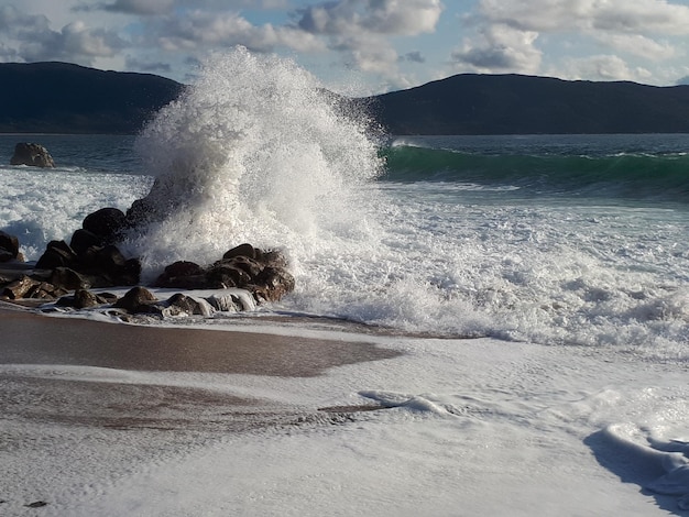 Las olas salpicando las rocas en la playa