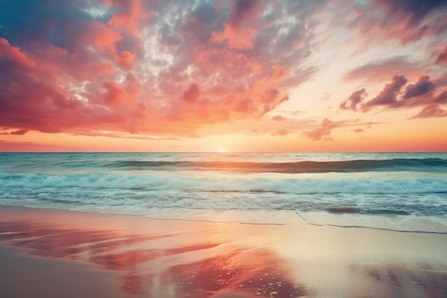 Las olas de serenidad del atardecer pastel acarician suavemente la playa de arena IA generativa