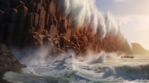 Foto las olas del tsunami chocan contra el acantilado de sendin.