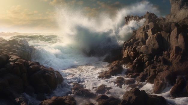 Las olas del tsunami chocan contra la costa rocosa