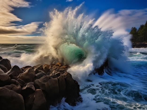 Foto las olas violentas del océano chocan contra las rocas