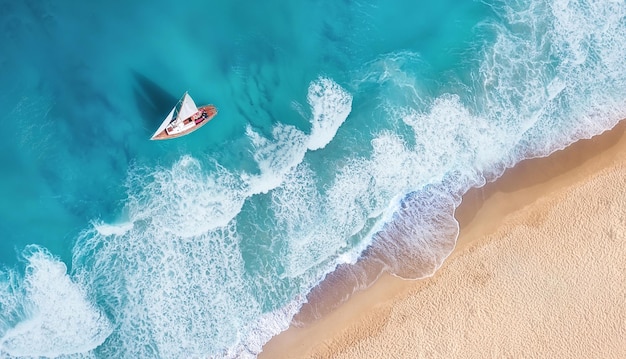 Olas y yate desde la vista superior Fondo de agua turquesa desde la vista superior Paisaje marino de verano desde el aire Vista superior desde un dron Travelimage