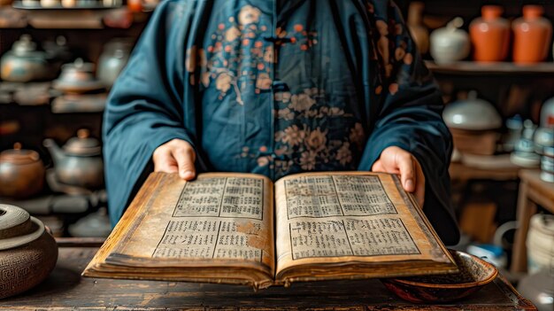 Foto old book in the hands of a man in a chinese pharmacy