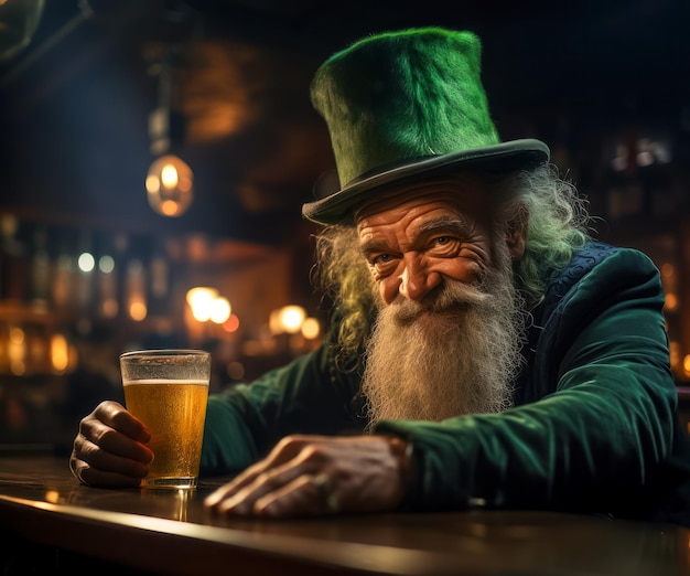 Old Leprechaun sitzt an der Bar in einer alten irischen Barpostkarte für eine St. Patrick's Day Party