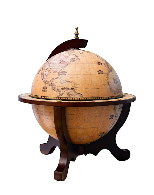 Old Style World Globe Antik Weltkugel isoliert auf weißem Hintergrund Studio Nahaufnahme zeigt Amerika und einige des Nahen Ostens