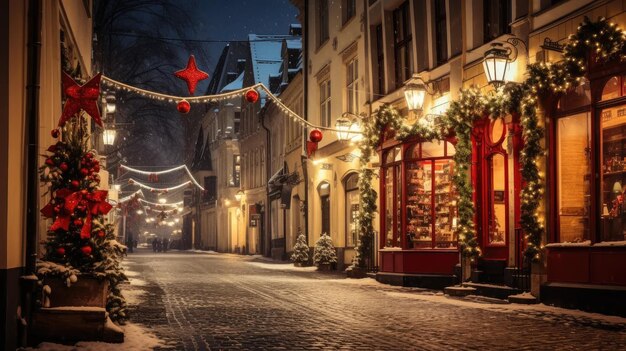 Old Town Christmas Glow Stock-Bilder zeigen eine charmante Straße in der Weihnachtsnacht in einer alten europäischen Stadt