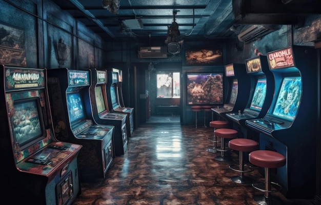 Old Vintage Arcade Video Games em uma sala de jogos escura vazia com luz azul com telas brilhantes e belo design retrô