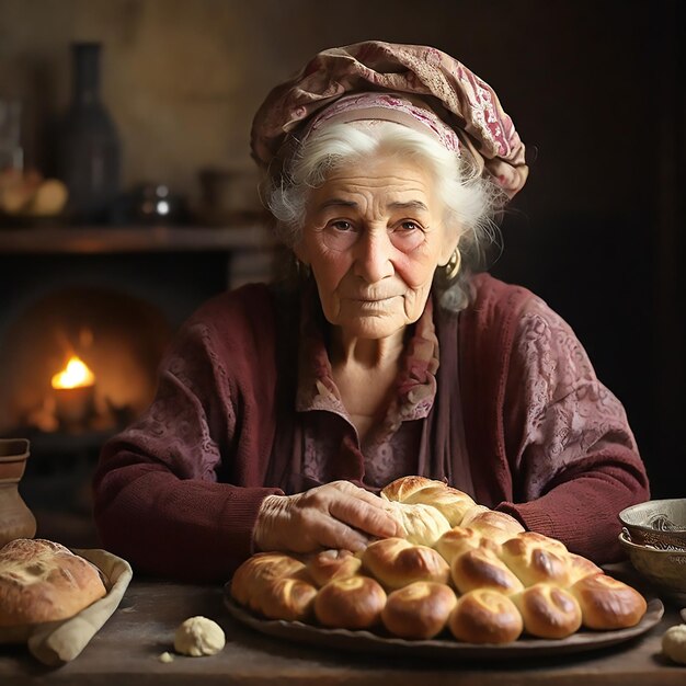 Foto old woman makes shabbat bread challah