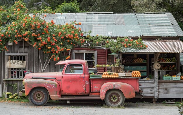 OldSchool Pickup estacionado en el puesto de frutas