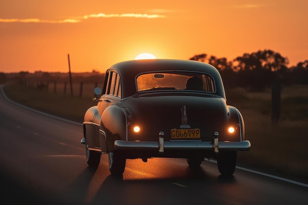 Oldtimer-Hochzeitsauto fährt mit leerem Schild in den Sonnenuntergang