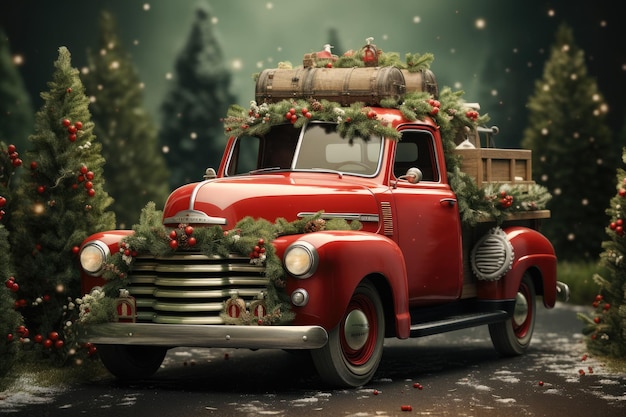 Oldtimer-LKW mit Weihnachtsbaum-Frohe-Weihnachts-Konzept