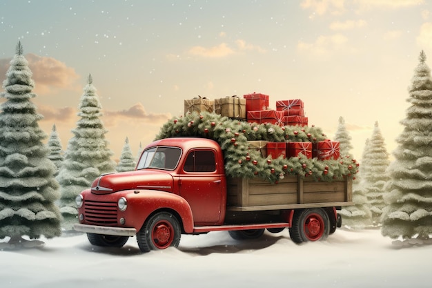 Oldtimer-LKW mit Weihnachtsbaum-Frohe-Weihnachts-Konzept