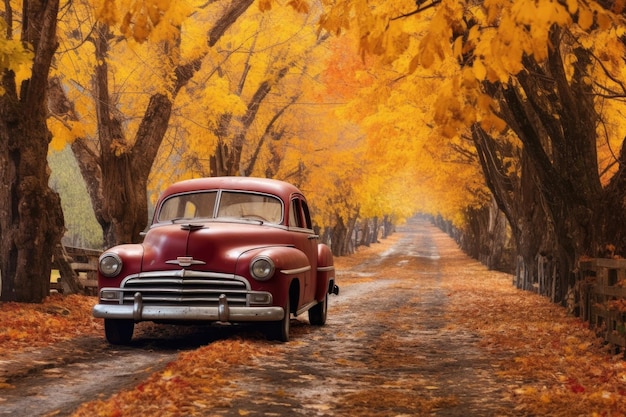 Oldtimer parkt neben einer von Bäumen gesäumten Straße mit leuchtenden Herbstfarben, die mit generativer KI erstellt wurden