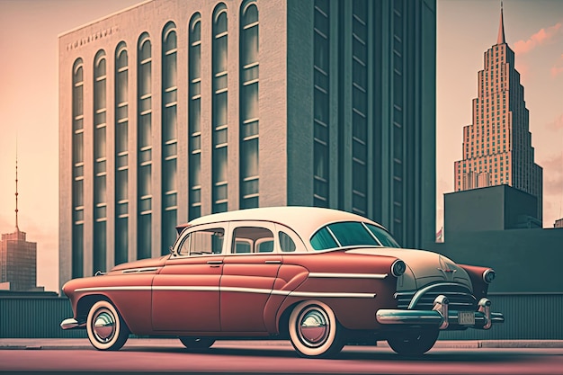 Oldtimer parkt vor einem modernen Gebäude mit Blick auf die Skyline der Stadt