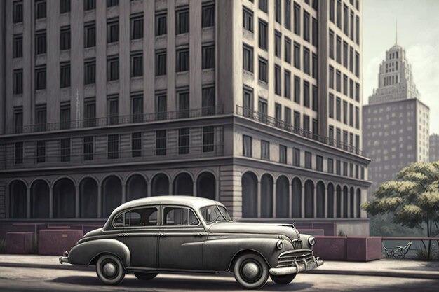 Oldtimer vor Hochhaus mit Blick auf das geschäftige Stadtbild