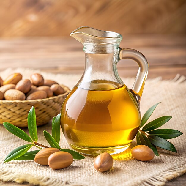 Foto Óleo de argan e sementes de argan em saco